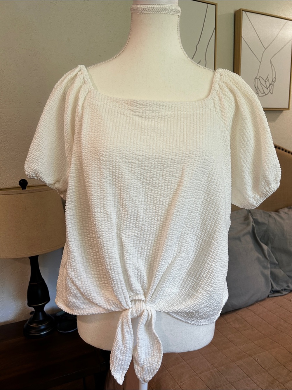 LOFT White Textured Square-Neck Tie-Front Top